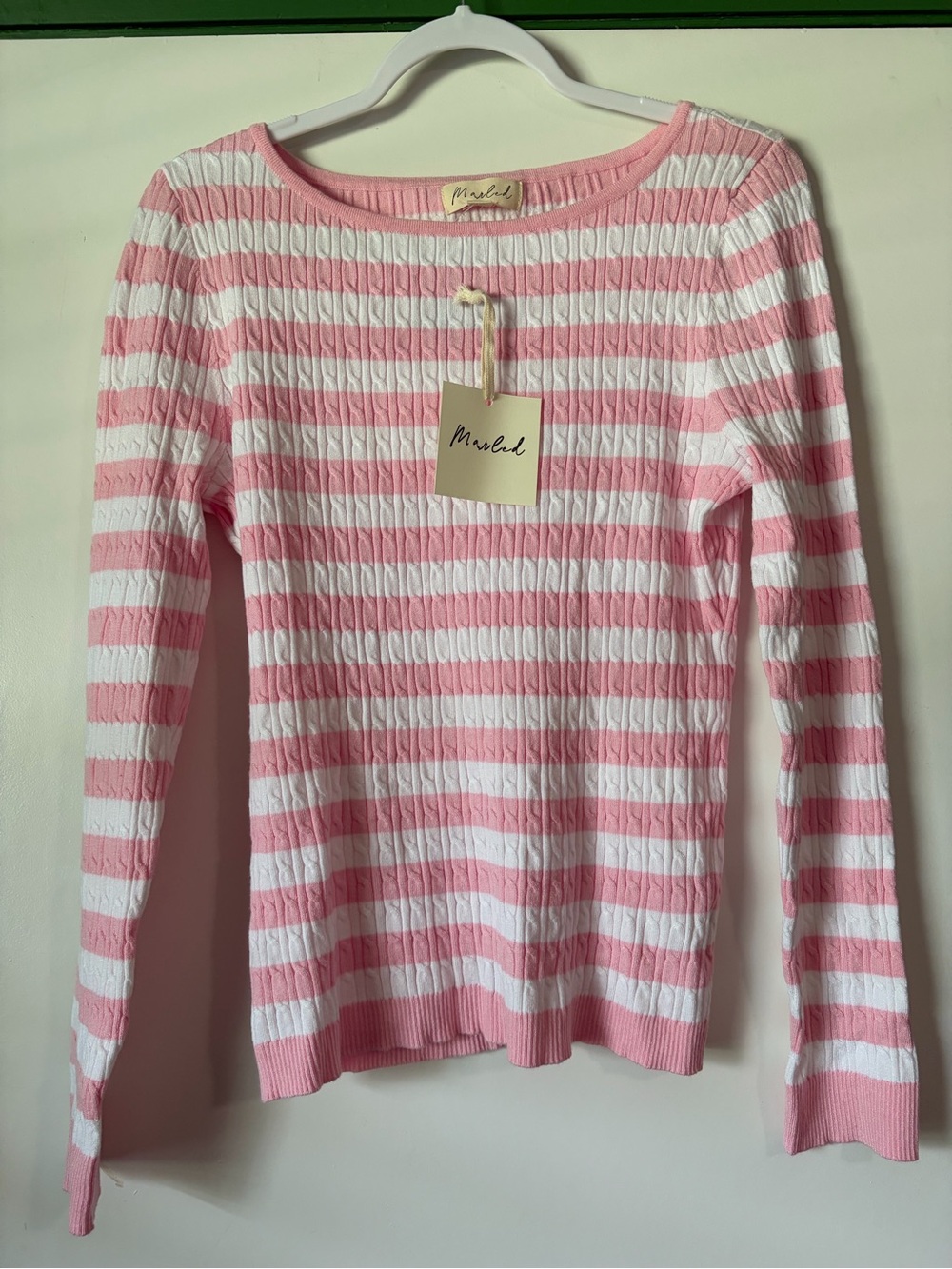 Marled Pink & White Striped Cable-Knit Top